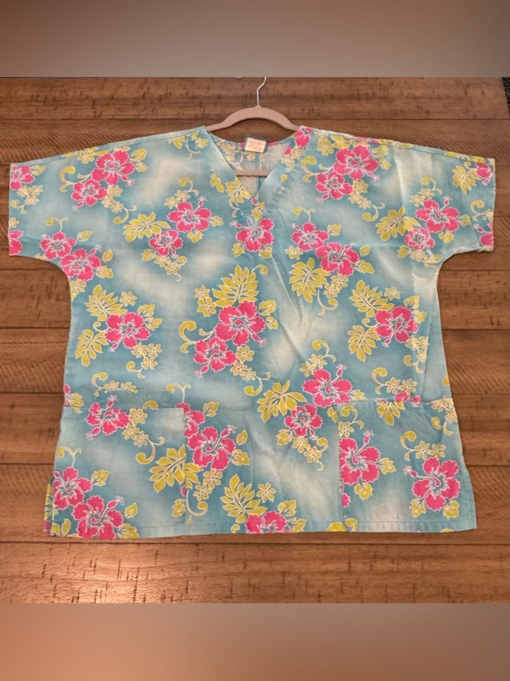 Floral Print V-Neck Medium Scrub Top in Aqua with Pink & Yellow Flowers